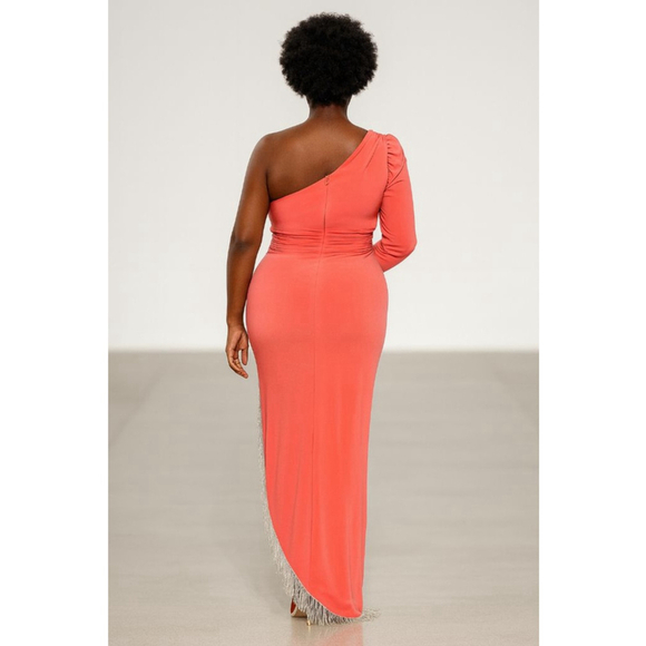 MAC DUGGAL Coral One Shoulder Dress with Fringe - Size 14W - Picture 6 of 10